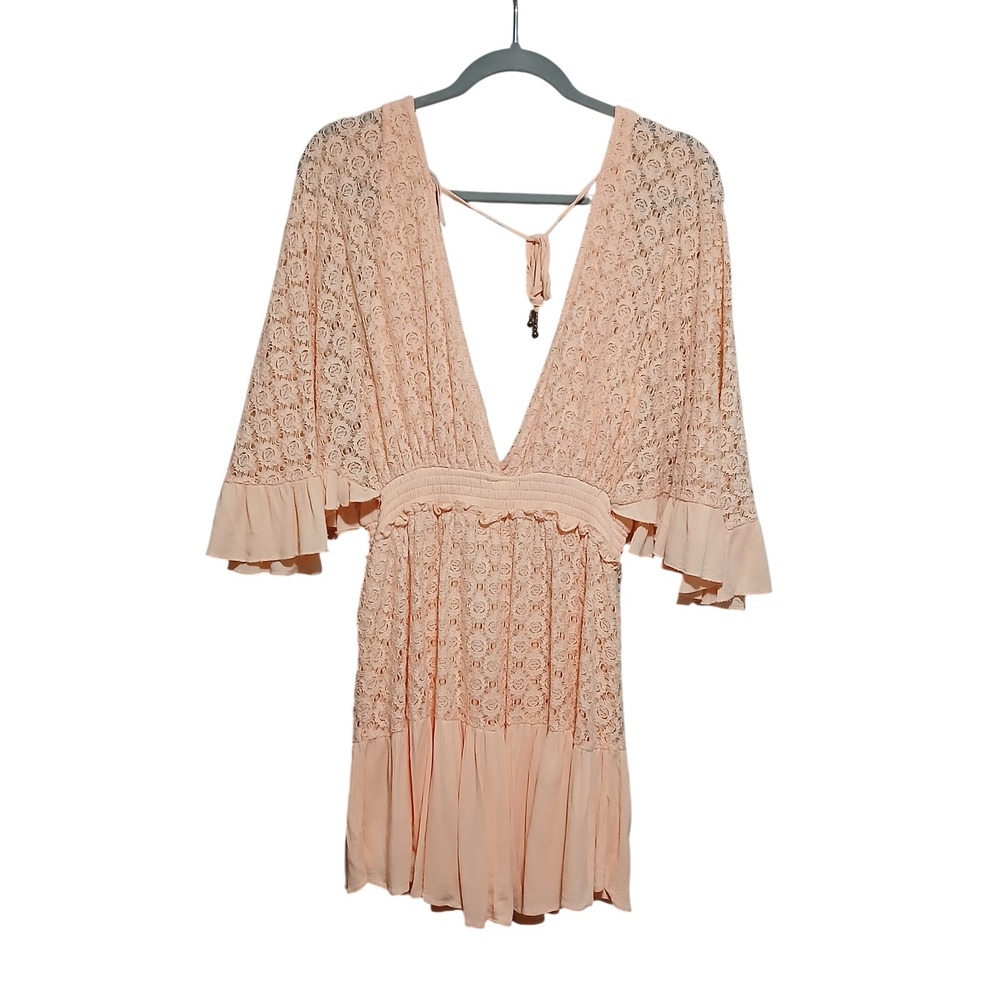 Free People Lace Bell Sleeve Romper Pink Boho V-Neck Open Back Large - Picture 4 of 14
